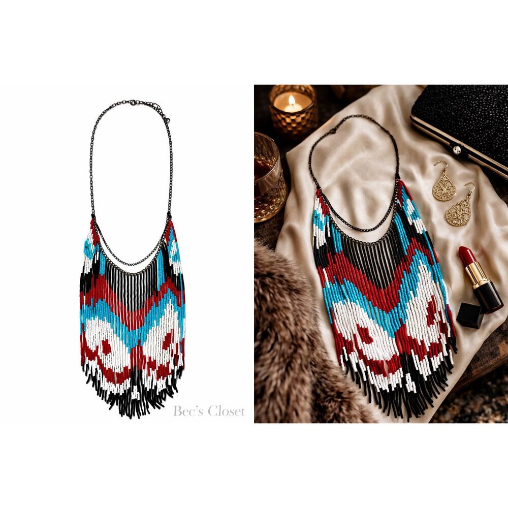 Handmade Beaded Statement Necklace Tribal Boho Fringe Bib Southwest Festival - Picture 3 of 10